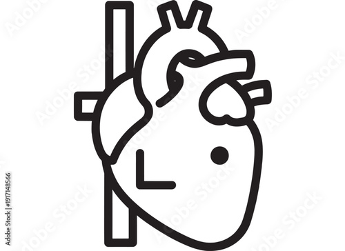 Heart anatomy line icon showing human cardiovascular organ with major vessels, minimal black outline medical symbol for healthcare, cardiology, education, and UI