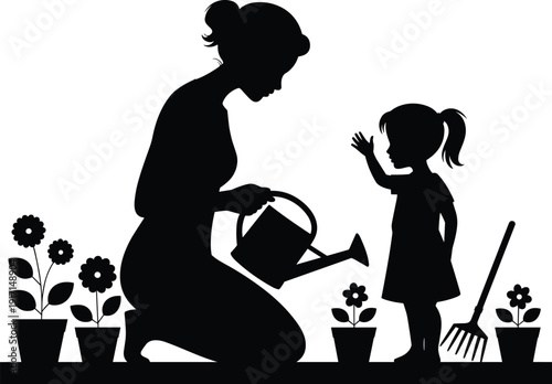 Mother and daughter gardening silhouettes, family planting flowers together, environmental care and eco lifestyle concept, parenting bonding vector illustration