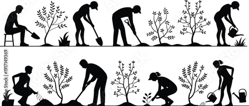People gardening and tree planting silhouette vector illustration set, men and women digging soil, watering plants, environmental conservation, sustainable lifestyle concept