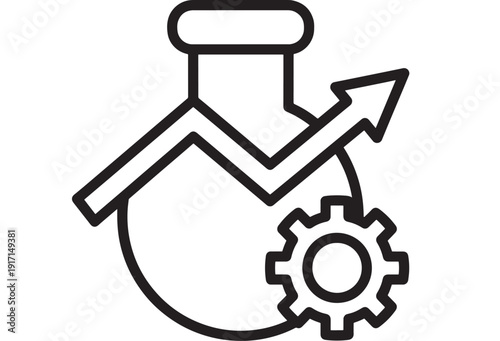 Laboratory flask icon with rising arrow and gear symbol, outlining business growth, science research analytics, process improvement, innovation strategy and settings
