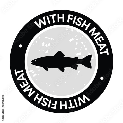 Professional Monochrome Vintage Fish Content Badge – High-Contrast Fish Silhouette Icon for Modern Seafood Packaging