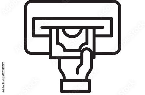 ATM cash withdrawal icon showing hand taking banknotes from automated teller machine, simple black line vector symbol for banking, finance, payment and money concepts