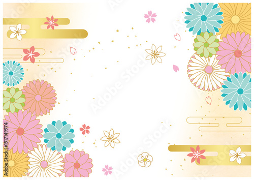 花の和柄と和紙背景