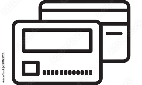 Credit card icon with front and back view in black outline, simple payment symbol for banking, ecommerce checkout, fintech apps, security, and finance UI