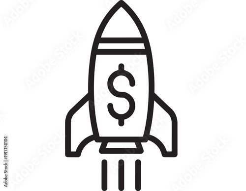 Rocket launch icon with dollar sign symbol, startup funding and investment concept in minimal black line style, isolated on white background for business finance