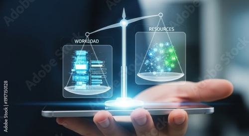 Close up of hand holding a virtual scale to balance workload and resources equally.