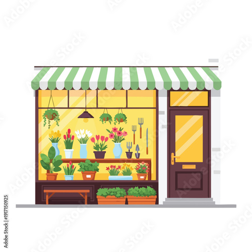 Colorful Plant Shop Front with Green and White Striped Awning and Beautiful Garden Display