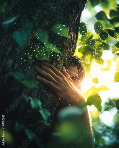 Embracing Nature: A person intimately connected to a tree, surrounded by a magical display of light