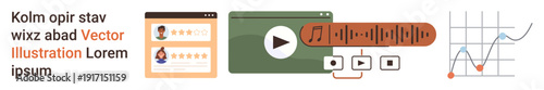 Content creation, music streaming, user interaction, data visualization, social media, analytics. Audio player, video controls user reviews and graphs. Content creation and music streaming concept