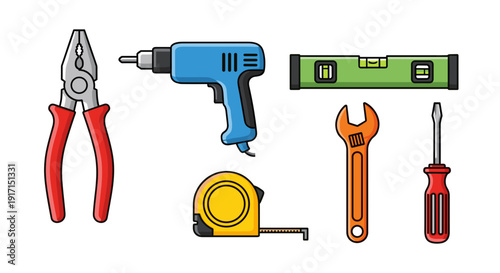 A set of various hand tools including pliers, drill, level, tape measure, wrench, and screwdriver