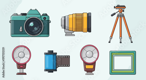 Collection of photography equipment and accessories on a light blue background