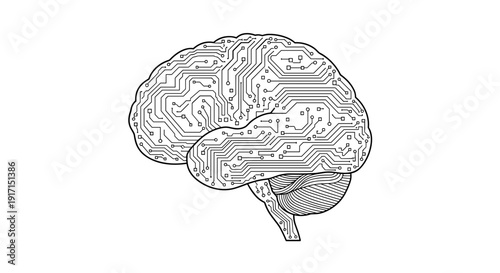 A black and white illustration of a brain with circuit board patterns