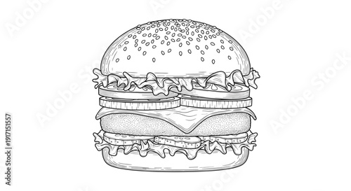 A detailed line drawing of a hamburger with lettuce and cheese on a bun