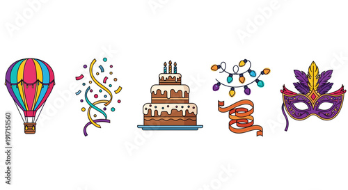Mardi gras icons including hot air balloon, birthday cake, and colorful masks