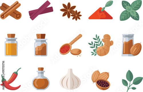 Set of colorful spices, herbs and seasonings vector illustration including cinnamon, chili, garlic and aromatic ingredients