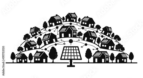 Black and white illustration of a village with solar panel and trees on a hill.