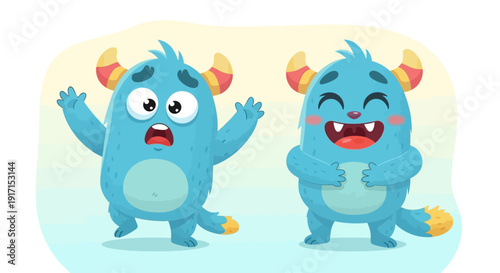 Two cute blue monsters, one scared, one laughing, with horns and big eyes, cartoon style