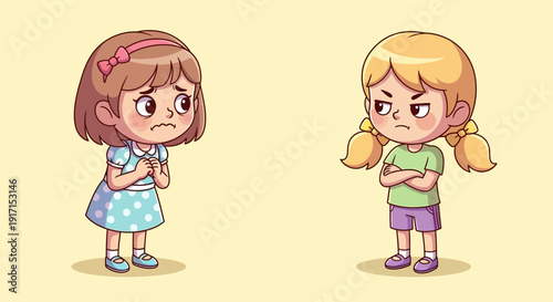 Two angry girls arguing, one looking sad and scared, conflict, disagreement, childhood problems