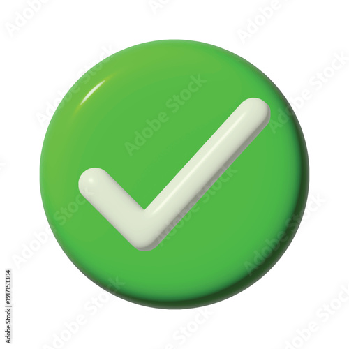 Glossy 3D green check mark icon vector. Shiny round button with white tick. Realistic symbol of success, approval, voting, verification and correct choice. Modern glass badge for web interface.