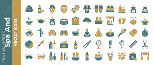 Comprehensive Collection of 60 Spa and Wellness Vector Icons in Flat Duotone Style. Features Beauty Treatment, Massage, Aromatherapy, Sauna, Yoga, Skincare, Hair Care, and Relaxation Symbols.