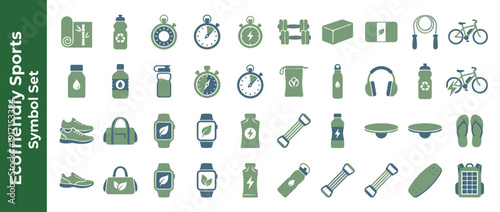 Eco-Friendly Sports and Fitness Icon Set Featuring 40 Flat Vector Symbols for Sustainable Living, Healthy Lifestyle, Gym Equipment, Yoga, Cycling, and Outdoor Activities in Duotone Green.