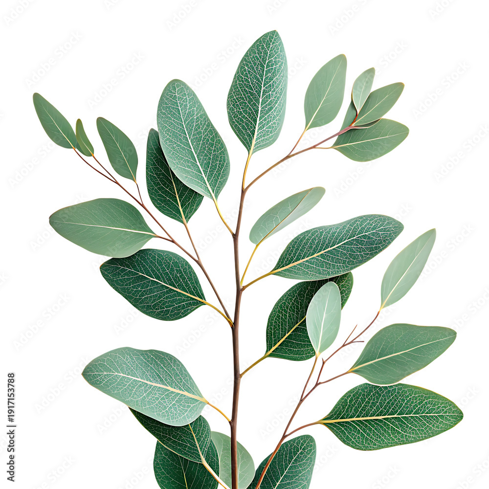 Fototapeta premium Eucalyptus leaves with glossy green veined foliage on transparent background isolated on a transparent background