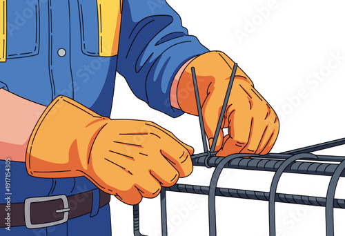 Sought Construction Professions. A Skilled Worker in Bright Gloves Carefully Ties Rebar Together at a Building Site. Transparent Background