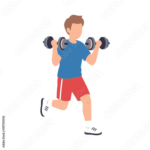 A man in athletic gear lunges forward while holding dumbbells on his shoulders in a fitness exercise.