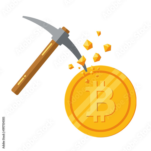An illustration depicts a pickaxe striking a large Bitcoin coin causing it to break apart on a white background.