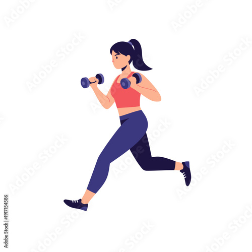 A woman is running while holding dumbbells in a fitness exercise routine outdoors.