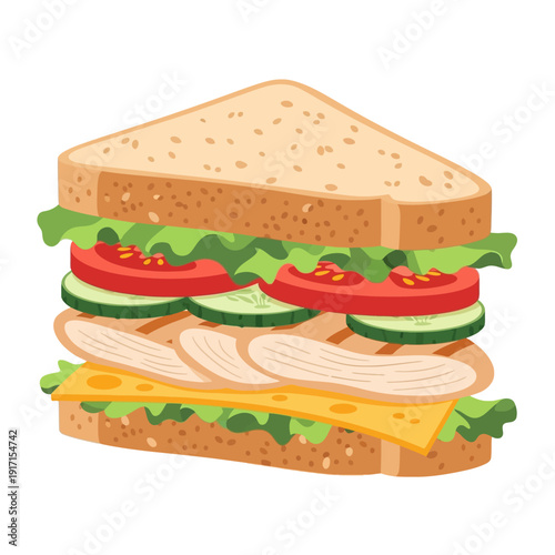 A delicious sandwich with chicken cheese lettuce tomato and cucumber on a table indoors.