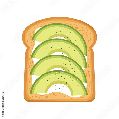 An illustration of a slice of toast with four slices of avocado on top.