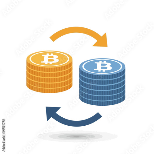 An illustration shows two stacks of bitcoin coins with arrows exchanging them.