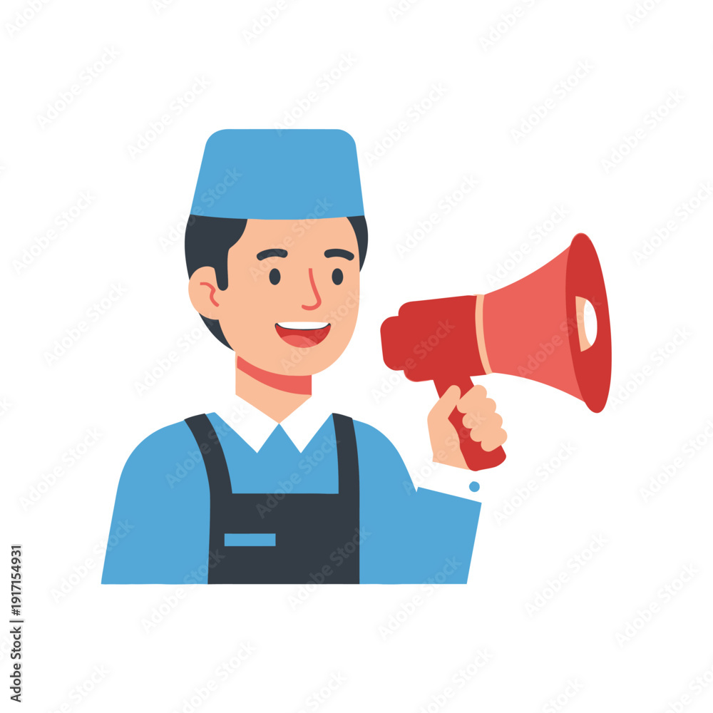 Fototapeta premium A smiling man wearing blue uniform and apron holding a red megaphone, announcing something.