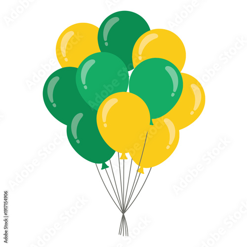A bunch of green and yellow balloons tied together on a white background for celebration.