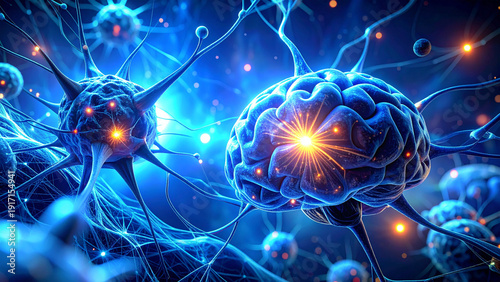 3D illustration of human brain and neurons showing neural connections and nervous system activity.