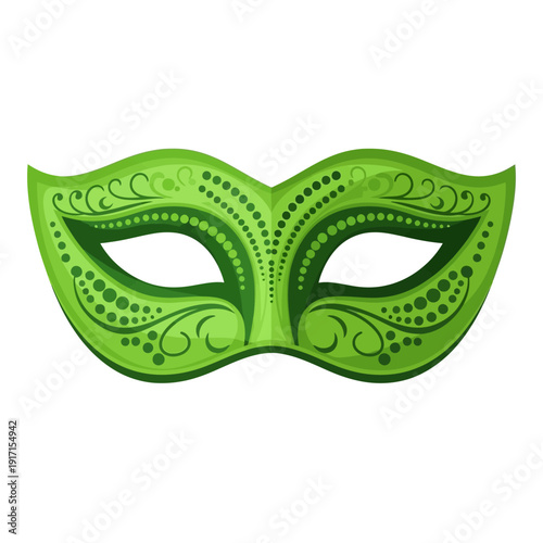 Green masquerade mask with intricate designs on white background illustration.