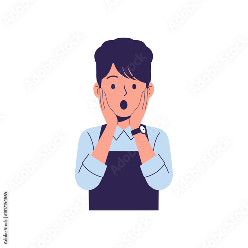 A cartoon man wearing an apron and a watch looks shocked with his hands on his face in a surprised expression in an illustration.