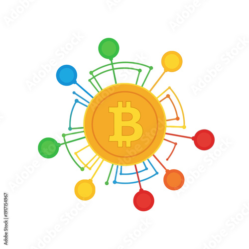 Bitcoin cryptocurrency symbol surrounded by colorful network nodes illustration