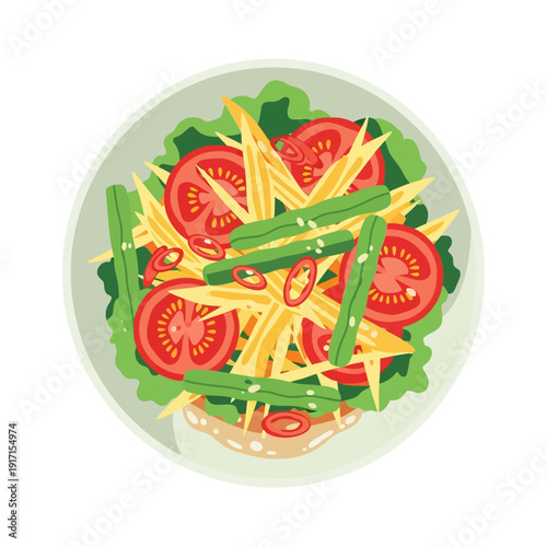 A vibrant salad bowl filled with fresh vegetables and cheese on a table indoors viewed from above.