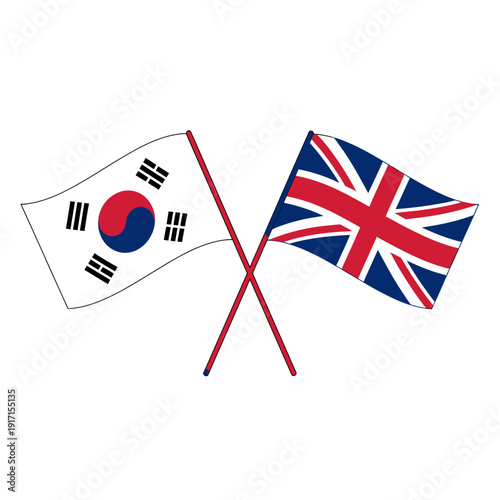Crossed flags of South Korea and United Kingdom waving together in an illustration