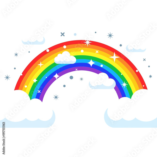 A vibrant rainbow stretches across a clear sky with fluffy white clouds and twinkling stars.
