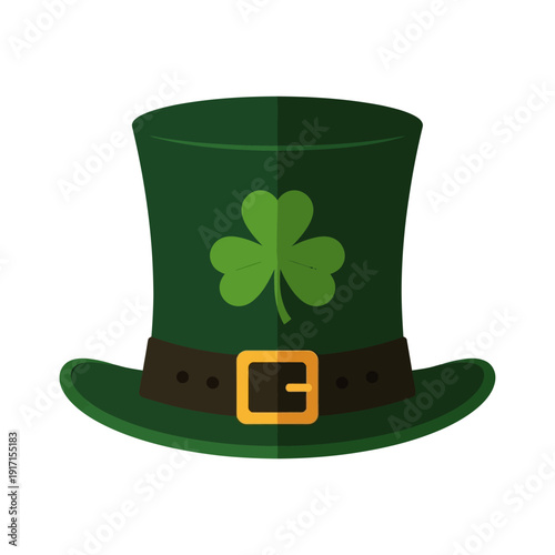 The illustration depicts a green top hat adorned with a shamrock and brown belt for St. Patrick's Day.