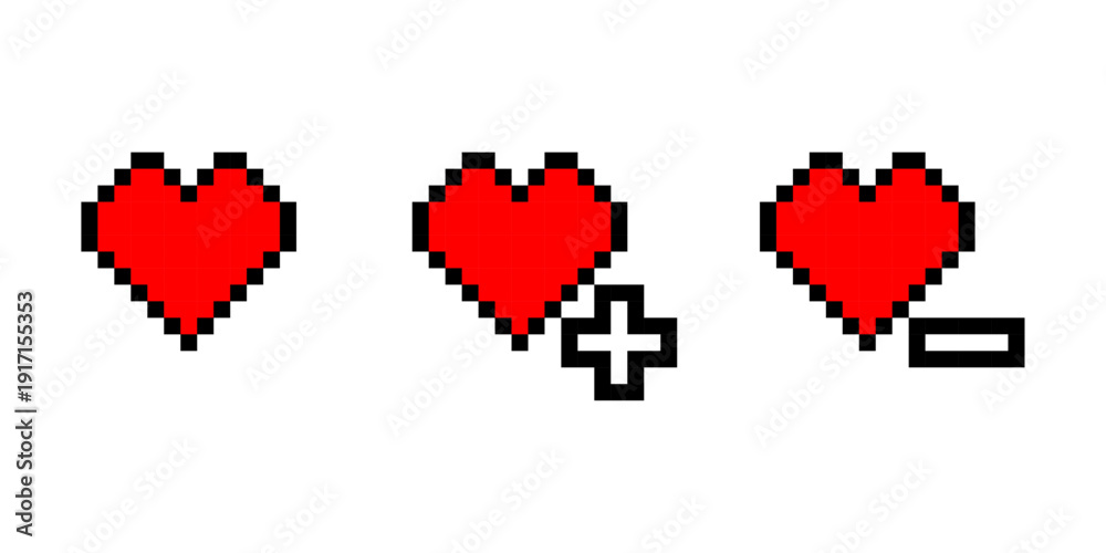 Fototapeta premium Pixel heart icons set, red 8-bit love symbols with plus and minus, retro like and unlike game UI icons, Vector illustration.