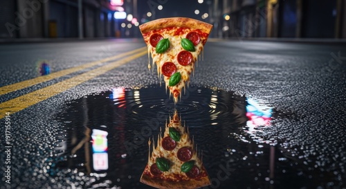 Creative composition of a pizza slice reflecting in a puddle on a dark urban street surface