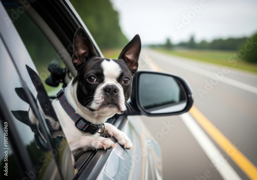 Happy Boston terrier looking out of car window during summer adventure travel road trip