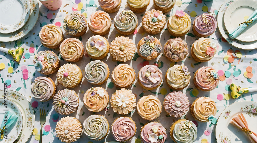 Fototapeta premium A delightful assortment of intricately decorated cupcakes arranged in a captivating display, perfect for any celebration.