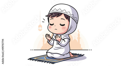 Cute Muslim Boy Praying on Prayer Mat, Islamic Culture, Ramadan, Eid Celebration