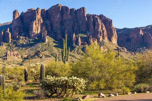 Scenic view of Superstition Mountains in Lost Dutchman State Park near Phoenix, Arizona