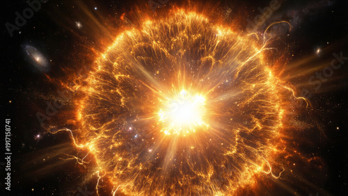 A powerful supernova explosion in deep space with bright stellar flare and galaxy background
